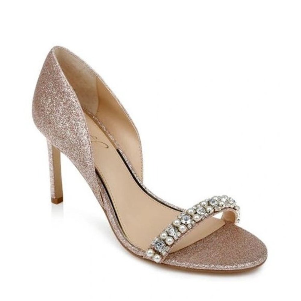 Jewel Badgley Mischka Dayana Embellished Glitter Sandal in Rose Gold Size 11